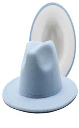 Berets Mens Women Sky Blue White Patchwork Wol Filt Flappy Jazz Fedora Hats Fashion Party Formal Hat Wide Brim Panama Trilby Cap9765241