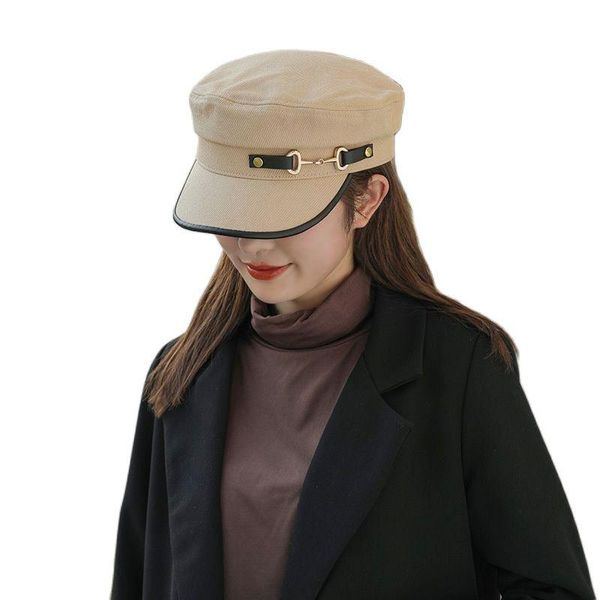 Boinas Hebilla de metal Pu Borde de cuero Ajustable Top plano Mujeres Moda de calle Al aire libre Negro/Beige/Caqui Sombreros Gorras de mujer Chapeau