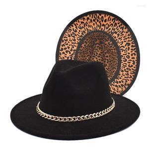 Bérets chaîne en métal imprimé léopard chapeau Fedora noir grand bord Jazz haut automne et hiver hommes femmes bicolore Panama