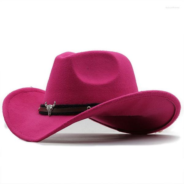 Boinas Metal Cabeza de vaca Etiqueta Sombrero de vaquero occidental para mujeres Hombres Niños Otoño Faux Lana Fedora Sombreros Vaquera Fieltro Cap Vestido de fiesta Top