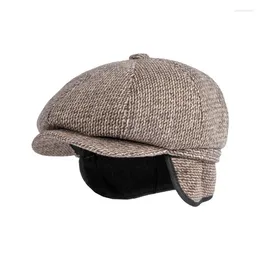 Boinas de mediana edad Sboy Hat Hombres Invierno Espesado Earflap Cálido Boina Cap Clásico Sólido Británico Retro Lana Octagonal