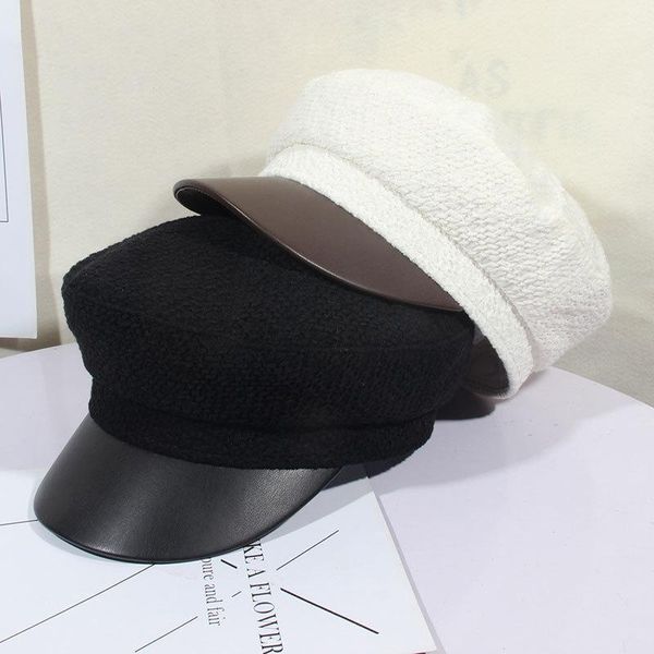 Bérets Militaire Chapeau Casquettes Béret Chapeaux D'hiver Pour Femmes Hommes Pu Cuir Bord Laine Bonnet Tricoté Noir Os Femme Vintage Gorra MilitarBérets