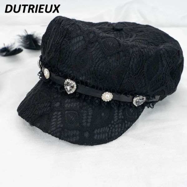 Bérets Mine série casquette octogonale mode peintre chapeau japonais strass dentelle doux Cool noir chapeaux pour femmes hiver 231201