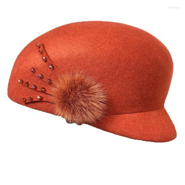 Boinas Pelota de visón Lana pura Caballería Otoño / invierno Moda Sombrero ecuestre Boina con ala