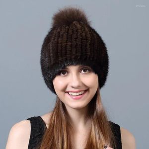 Bérets Vison Cheveux Tissé Fourrure Chapeau Femme Hiver Chaud Balle Élastique Protection Oreille