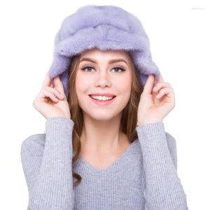 Bérets Vison Chapeau Enfants Hiver Fourrure Herbe En Cuir Véritable Femme Polaire Chaud Oreille Protection Rabat