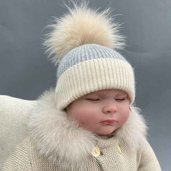 Bérets MISSJANEFUR 2023 hiver tricoté chapeaux bébé Angora cachemire enfant filles garçons vraie fourrure Pom Beanie chapeau maison extérieur chaud casquette