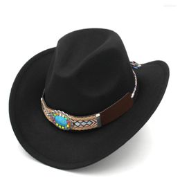 Berets Mistdawn 2023 Fashion Western Cowboy Hat Cowgirl Cap Jazz Kostuum Wol Blend Wide Brim W/ Turquoise Leather Band for Men Women