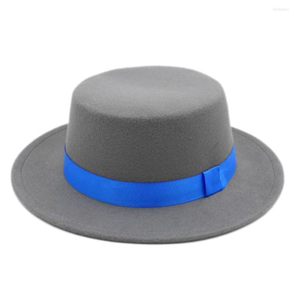 Boinas Mistdawn Classic Wool Blend Boater Hat Wide Brim Pork Pie Cap Bowler Flat Top para Mujeres Hombres W / Blue Ribbon Talla L
