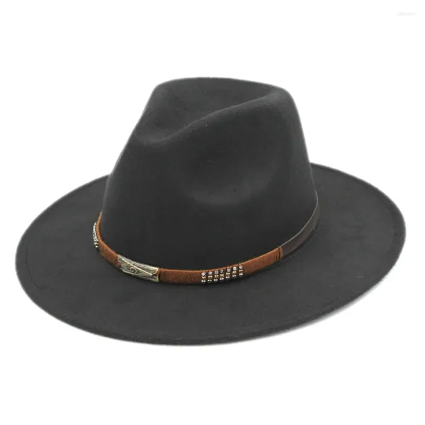 Boinas Mistdawn Moda Panamá Sombrero de ala ancha Fedoras Invierno Cálido Mezcla de lana Cap Banda de cuero Tamaño 56-58 cm