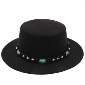 Berets Mistdawn Fashion Femmes hommes Boater Wool Hat Wide Brim Pork Pie Cap Turquoise Rivets CEULLE DE COUIR Taille 56-58 cm