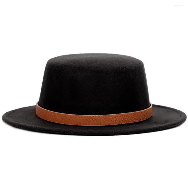Bérets Mistdawn Fedora Chapeaux Pork Pie Flat Top Hat Large Brim Boater Bowler Cap avec ceinture en cuir marron pour hommes femmes