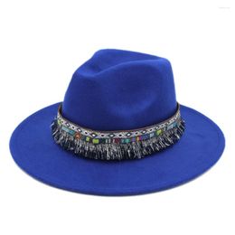 Bérets Mistdawn hiver automne femmes dames Fedora chapeau large bord Panama casquette laine mélange Jazz Trilby Churh casquettes bohême gland bande