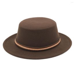 Bérets Mistdawn Femmes Hommes Boater Chapeau Bowler Sailor Large Bord Plat Top Caps Laine Mélange Taille 56-58cm Travaillé À La Main Hatband BCSR