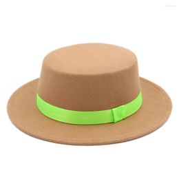 Berets Mistdawn Wool Blend Boater Sailor Hat Pork Pie Cap Flat Top Bowler For Women Men W/ Green Ribbon Band Maat 7 1/4