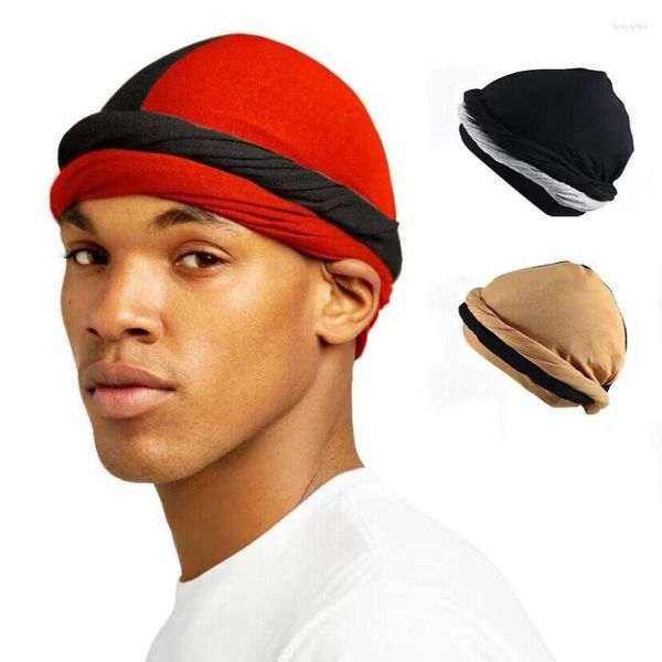 Boinas Mezcla de colores Satén forrado Turbante Envoltura para la cabeza para hombres Suave Bambú Pre-atado Skull Cap Dormir Bonnet Masculino Halo Turbans Stretch Durags