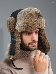 Bérets MPPM russie hiver véritable chapeau de fourrure homme et femmes épaississement chaud Protection des oreilles froid extérieur paille Ski casquette coton