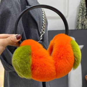 Berets mevrouw Minshu Leuke winteroorwarmer Koreaanse stijl oranje persimmon vormomslag echte rex bont oorbanden voor meisjes