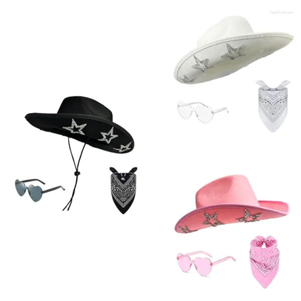 Berets Music Festival Cowgirl Hat Lunettes de soleil écharpe avec un bord à paillettes pour la fête