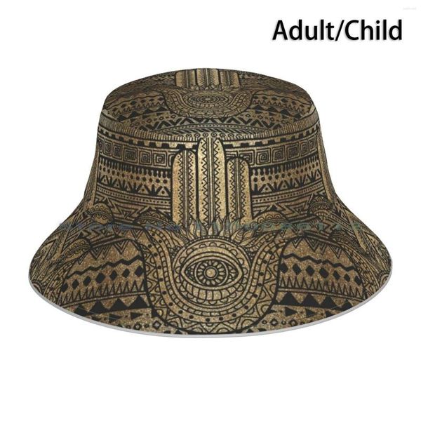 Boinas Patrón nativo Hamsa dorada Sombrero de cubo de mano Gorra para el sol Símbolo del mal de ojo Judío Zen India Meditación Yoga Religión espiritual