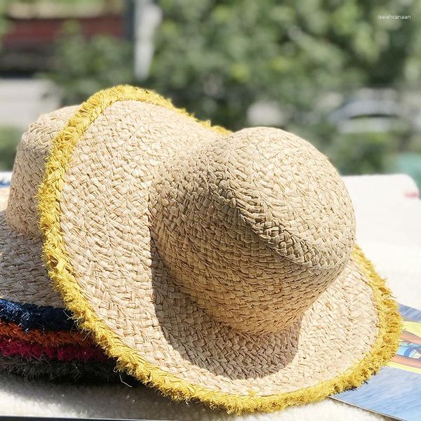 Boinas Sombrero de paja de Lafite natural para mujeres y hombres Contraste de color Big Eaves Beach DIY Borde grande Colorido Top redondo