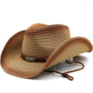 Bérets chapeau de Cowboy en paille naturelle femmes hommes chapeaux tissés à la main pour dame gland été Western Sombrero Hombre plage