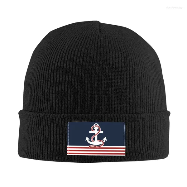 Bérets rayures nautiques et ancre rouge Skullies bonnets casquettes Cool hiver chaud hommes femmes tricot chapeau unisexe adulte voile marin Bonnet