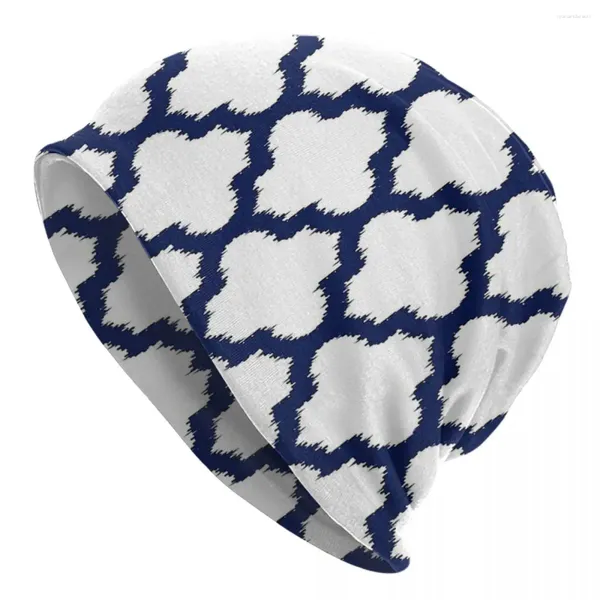 Berets Navy Blue et blanc Quatrefoil Ikat Style Skullies Bons de bonnet Unisexe Capes extérieures chaudes tricot élastique thermique chapeaux de tricot