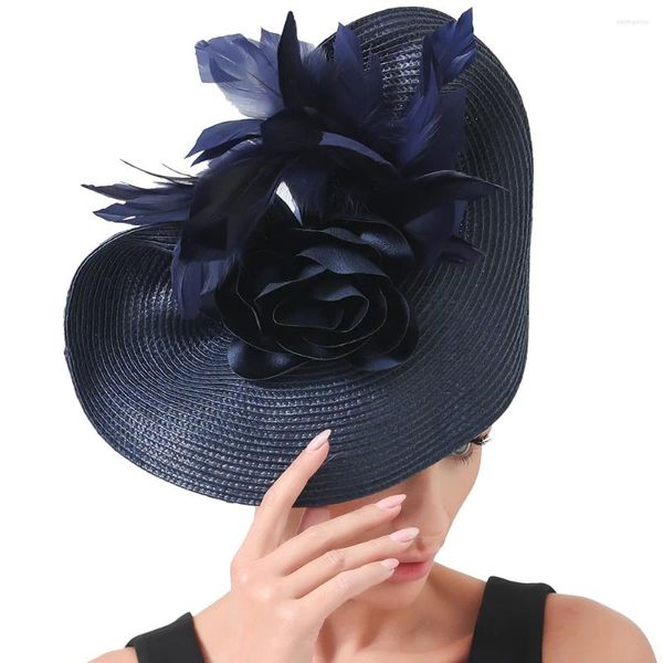 Bérets bleu marine fascinateurs avec fleurs chapeau de mariée bandeaux accessoires de cheveux mariage Fedora course événement chapeaux floraux