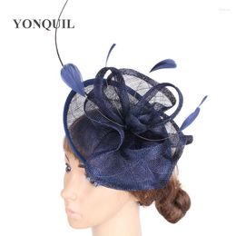 Berets Navy Hair Fascinator Wedding Hat Fedora Formele kleding Party Race Hoofdkleding met Fancy Feather Accessories Hoofdband