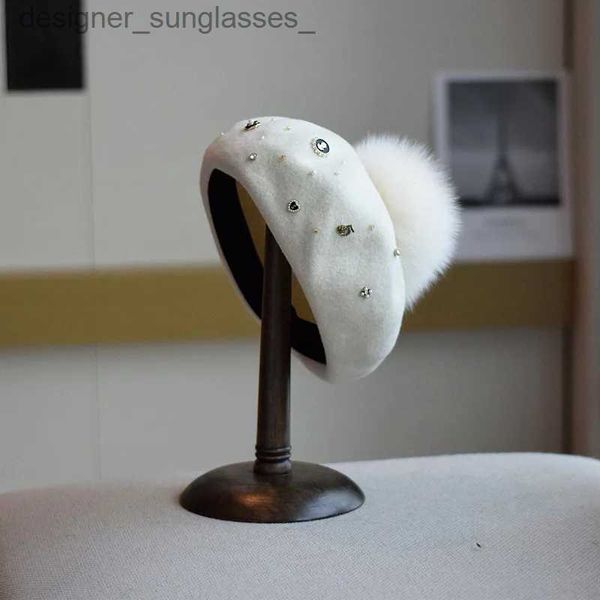 Bérets Nouveau béret en laine de diamant cousu à la main pour femmes automne hiver chapeau à pompon en fourrure de renard Version coréenne chapeau d'artiste rétro chapeau de bourgeon chapeau chaud TideL231103