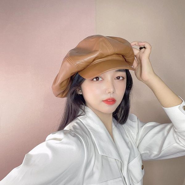 Boinas Sombrero octogonal de cuero noble para mujer Otoño e invierno Todo-fósforo Estilo de Hong Kong Retro Boina Militar HatBerets