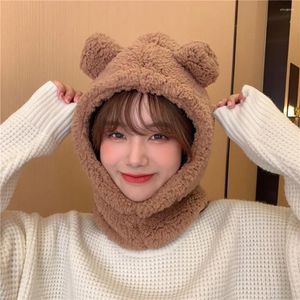 Bérets Nouveauté Caps Hiver Femmes Chaud Mignon Ours Oreille Chapeau Casual Peluche Écharpe Ensemble Kawaii Corée Style