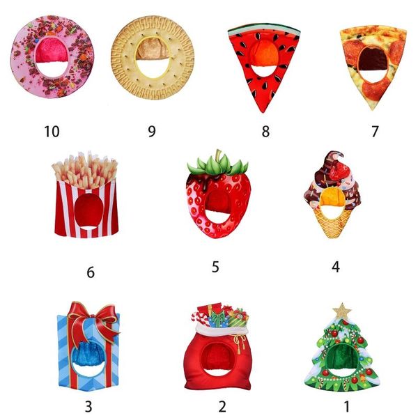 Boinas Null Creative Adult Kids Sombrero de dibujos animados de Navidad Juguete de peluche Divertido Árbol de Navidad Bolsa de regalo Pizza 3D Imprimir Sombrero completo Festival