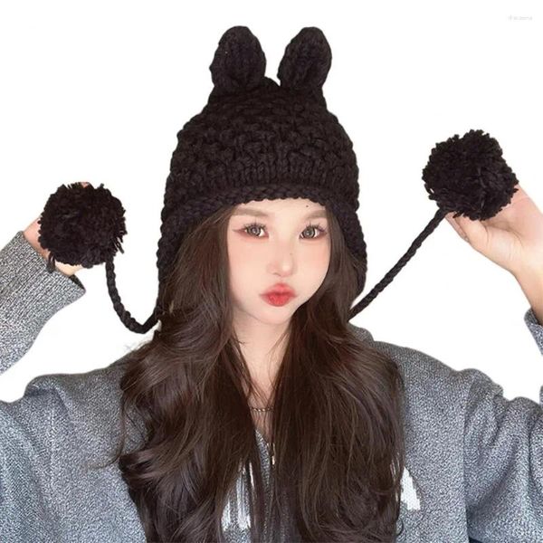 Bérets une pièce capuche chapeau chaud confortable hiver femme avec peluche boule décor dessin animé oreille conception doux élastique anti-dérapant pour