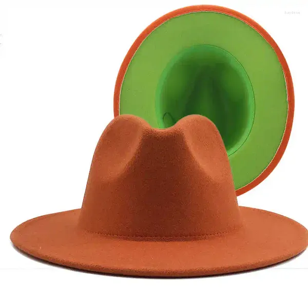 Bérets Orange Simple Extérieur Intérieur Vert Laine Feutre Jazz Fedora Chapeaux Avec Boucle De Ceinture Mince Hommes Femmes Large Bord Panama Trilby Cap 56-58 cm