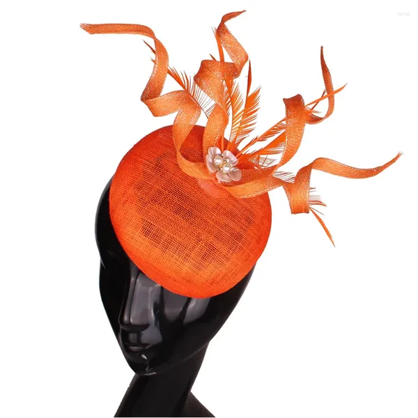 Bérets Orange Fascinateurs De Mariage Avec Perle Événement Chapeaux De Fête Casque Pour Dames Cocktail Occasion Accessoires De Cheveux