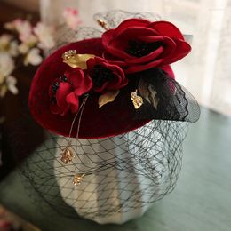 Bérets Design Original Claret Chapeaux De Voile De Mariage Avec Strass Et Décoration De Fleurs Fête Petit Accessoires De Mariée Po