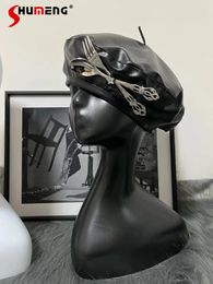 Bérets Original Punk Hip Hop noir en cuir Pu béret chapeaux pour femmes sous-culture Y2k vaisselle décoration casquettes Boinas Para Mujer