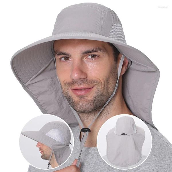 Bérets Chapeau de pêcheur en plein air Protection du cou large Femmes Hommes Été Respirant Maille Pare-Soleil Anti UV Casquette Unisexe