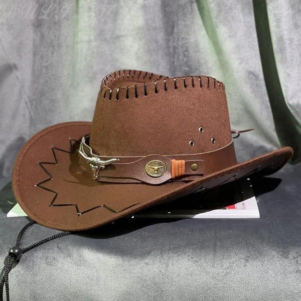 Boinas Viaje al aire libre Sombrero de jazz Cuatro estaciones para hombres Protección solar Vintage Montar Cabeza de vaca grande Cuero Western Cowboy Mujer