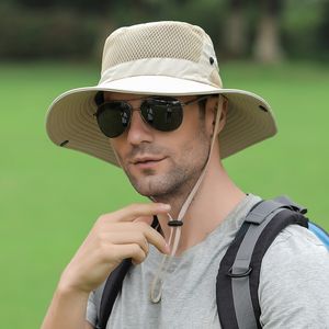 Beretten Outdoor UV Bescherming Zon Hoed voor mannen Bladbaar mesh emmer hoeden Zomer mannelijke brede rand Vissen Panama Caps 230822