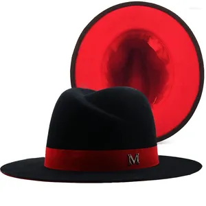 Bérets extérieur noir intérieur rouge laine feutre Jazz Fedora chapeaux avec boucle de ceinture fine hommes femmes large bord Panama Trilby
