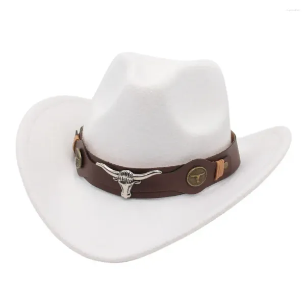 Boinas Accesorios para la cabeza de buey Sombrero de vaquero occidental Fieltro Estilo tibetano Top Roll Brim Cowgirl Cap para mujeres Hombres Niños