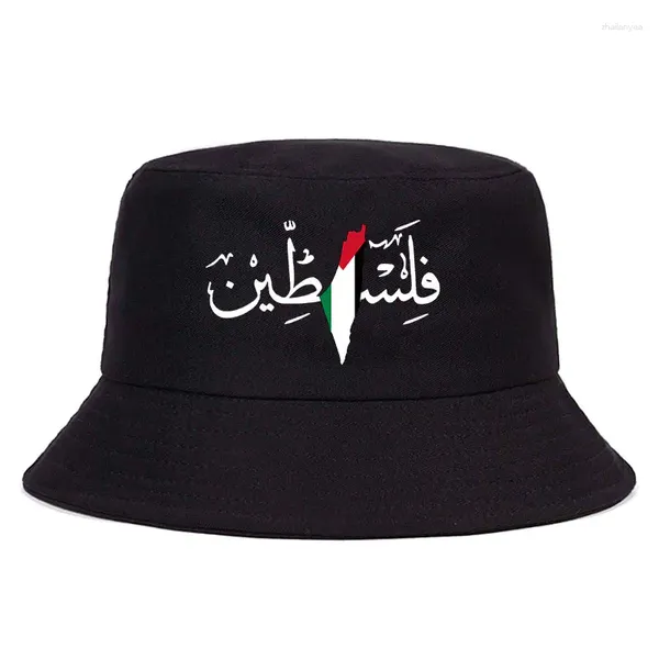 Boinas Palestina Nombre de caligrafía árabe con mapa de bandera palestina Bob Hats Hombres al aire libre Panamá Panamán Fismán unisex Sombrero de cubo