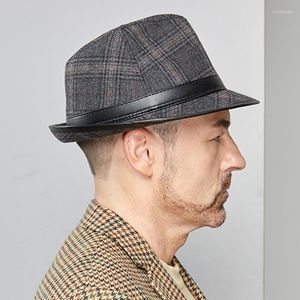 Bérets Panama Chapeau Hommes Hiver Véritable Cuir Blet Laine Gentleman Jazz Fedora Caps Mâle Plaid Top Casual Britannique Rétro Sombrero