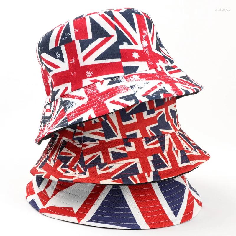 Berets Panama Union Jack Print Reversible Fisherman Hat Breathable Sun Protection Bucket For Women MenTravel Sport Hiking Bob Hats