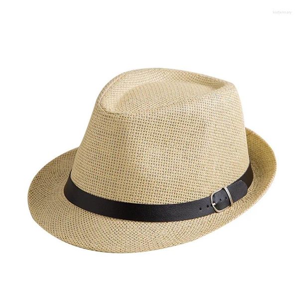 Bérets Parent-enfant Simple tissage respirant soleil Jazz chapeau hommes été voyage crème solaire en cuir ceinture boucle casquette de paille A61