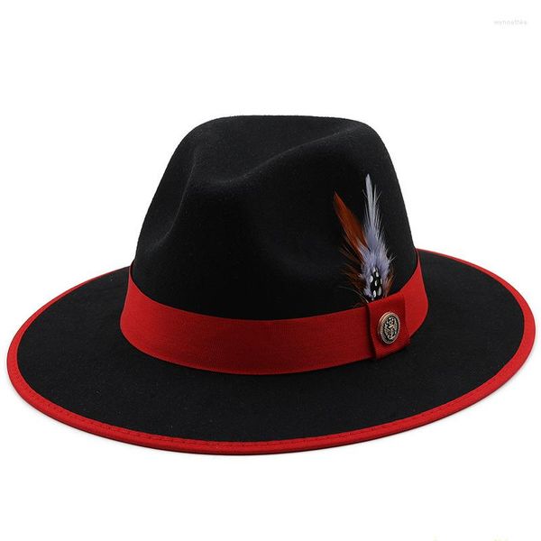 Boinas fiesta Fedora sombrero hombres mujeres ala ancha lana pluma Fedoras Jazz Bowler fieltro venta al por mayor