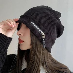 Boinas Personalidad Cremallera Slouch Beanie Hat Otoño e Invierno Al aire libre Cálido Pana de punto Sombreros de mujer American Pile Cap para hombres